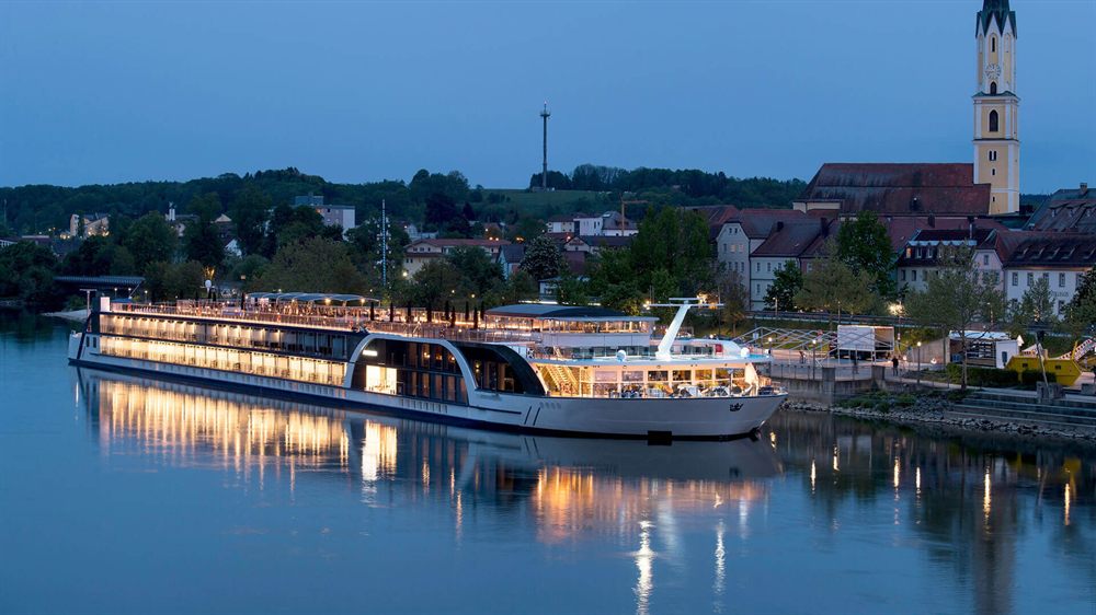 River cruise ship at dusk