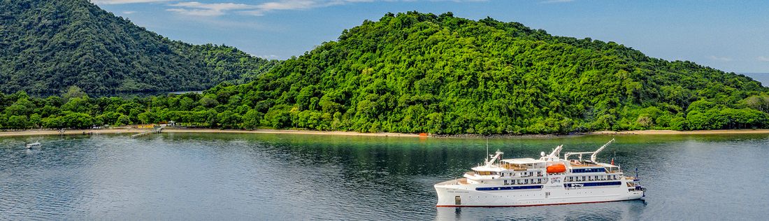Small expedition ship anchored in a calm bay beside a forested island